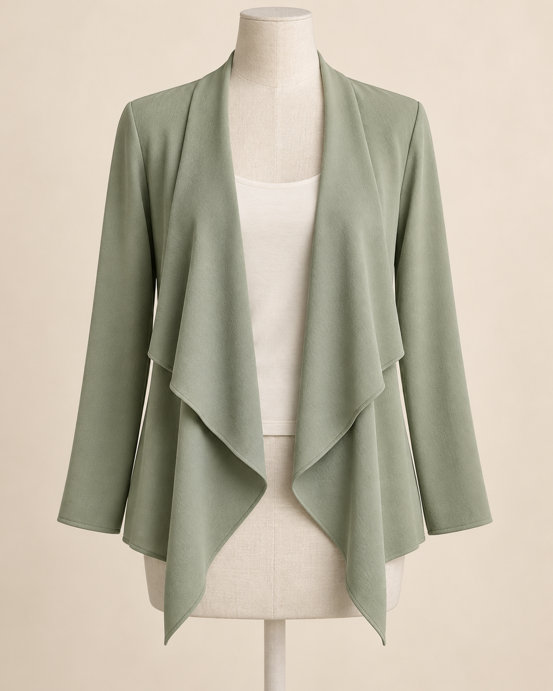 AI concept front view of sage waterfall jacket with long sleeves and open cascading front.