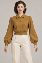 AI design preview: ochre women’s lumber jacket with pointed collar, bust darts, bishop sleeves and fixed woven waistband
