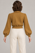 AI design preview: rear of ochre lumber jacket showing shoulder darts and gathered lower body without a yoke