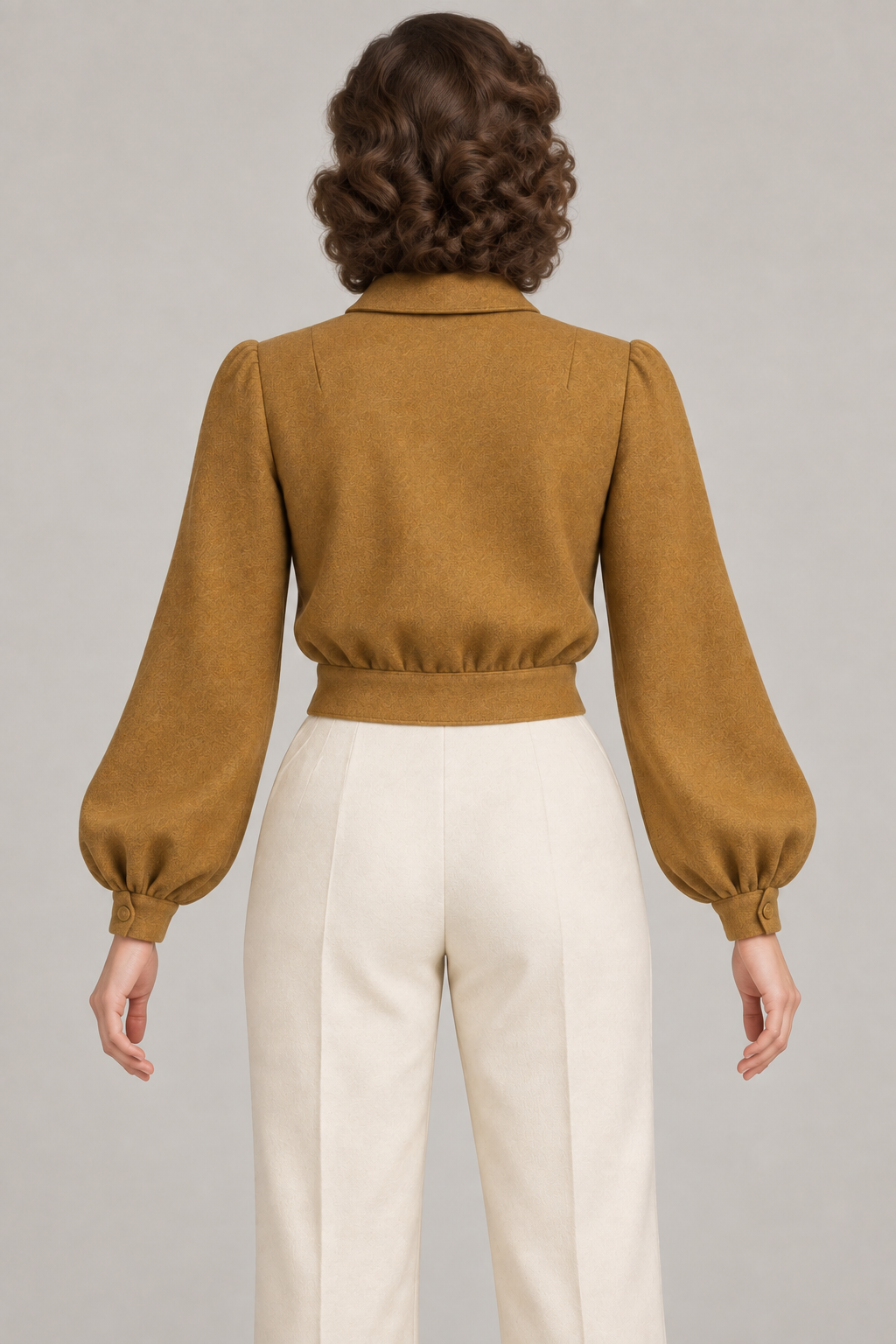 AI design preview: rear of ochre lumber jacket showing shoulder darts and gathered lower body without a yoke