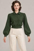 AI design preview: forest green color of the same button-front bishop-sleeve lumber jacket