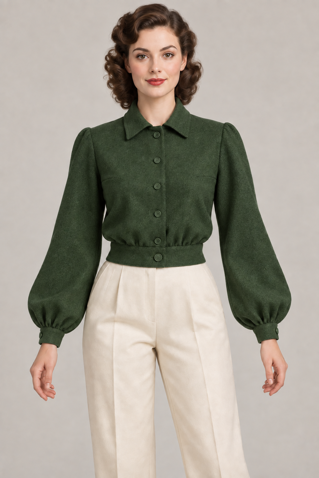 AI design preview: forest green color of the same button-front bishop-sleeve lumber jacket