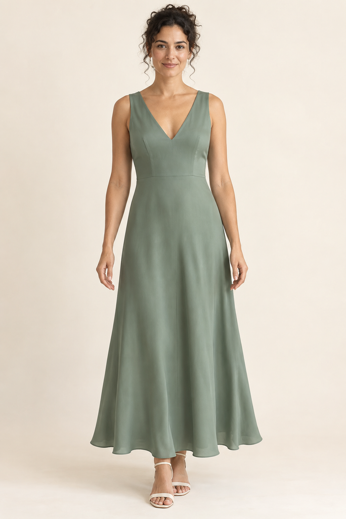 AI design preview: eucalyptus-jade woven V-neck dress with broad shoulders, waist seam and long bias skirt