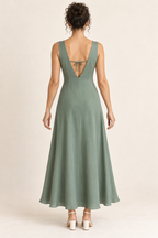 AI design preview: long jade dress back with deep V neckline and narrow upper-back ties