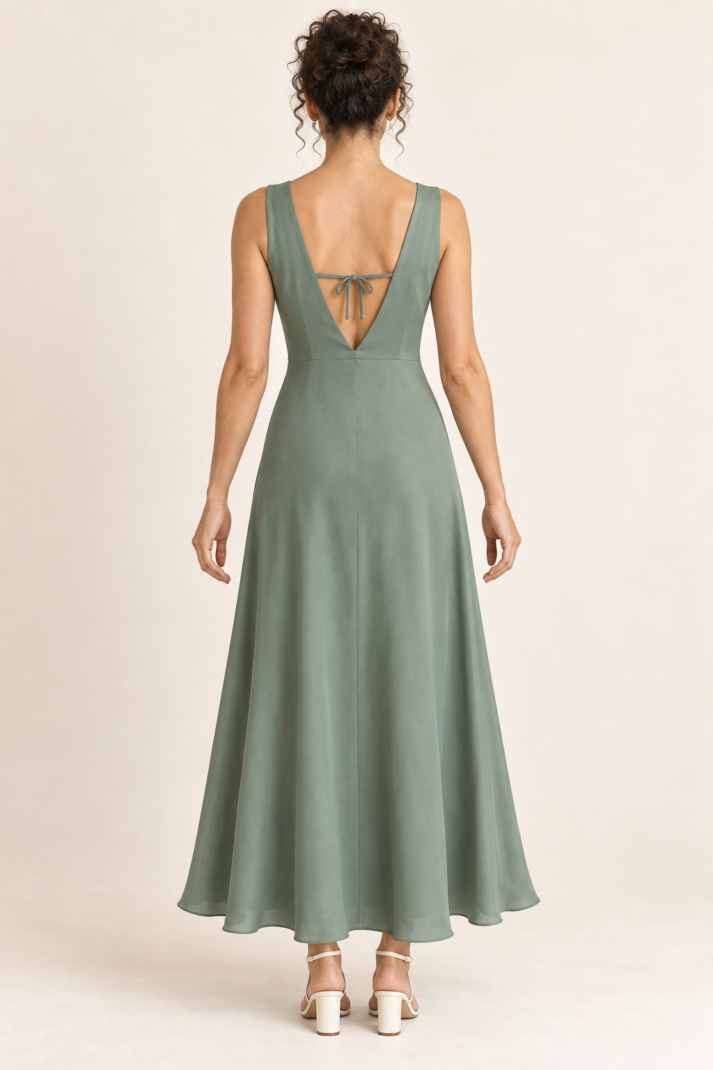 AI design preview: long jade dress back with deep V neckline and narrow upper-back ties