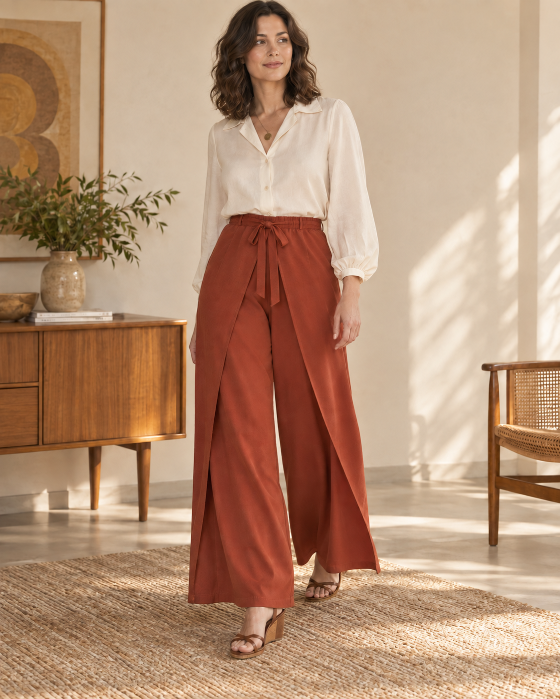Front view of rust-red wrap-and-tie wide-leg trousers with overlapping leg panels and a front bow