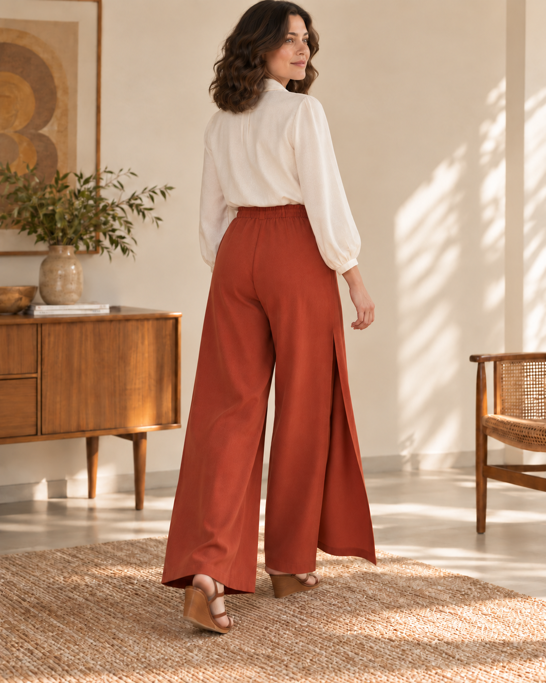 Rear view of rust-red wrap trousers showing the gathered waist casing and two wide full-length legs