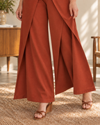 Close detail of the finished free wrap-panel edge and matching inner trouser panel
