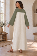 Rear of the caftan showing short neck opening, curved back yoke and ungathered ivory body
