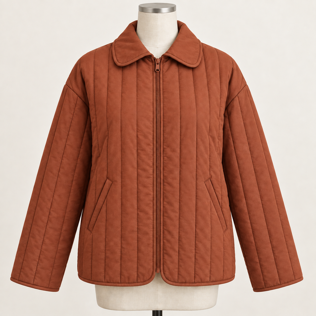 AI design preview: rust-copper color of the same zip-front quilted jacket with turnover collar, slanted welt pockets and tonal binding